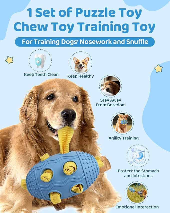 Interactive Dog Toy with Natural Rubber Soccer Design, Dental Care, Pet Energy Relief Brain Teaser Toy, Activity Training Foraging Toy, Mentally Stimulating Slow Feeder Dog Treat Dispenser Blue