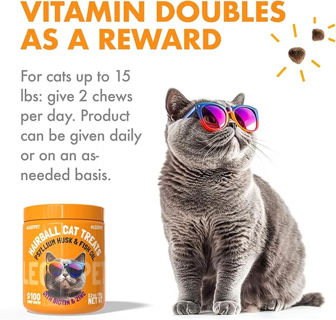 Hairball Treatment for Cats Natural Remedy with Apple Pomace, Psyllium Husk Omega 3 6 Fatty Acids Zinc Biotin Cat Supplement for Indoor Cats Promotes Healthy Digestion Furball Control 100 Yummy Chews