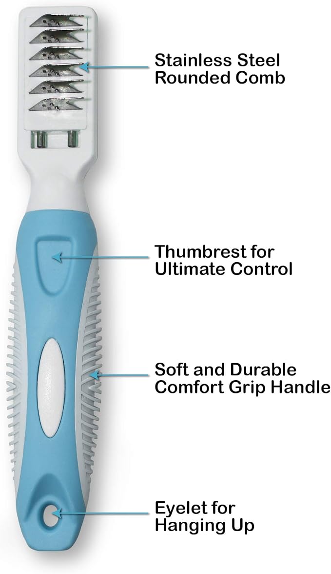 Pets First Professional Pet Mat Remover - Dematting Tool for Grooming Cats & Dogs - Removes Matted Fur, Tangles, Knots, Loose Hair & Dirt - Stainless Steel, Gentle Teeth, Soft Comfort Grip Handle,Blue