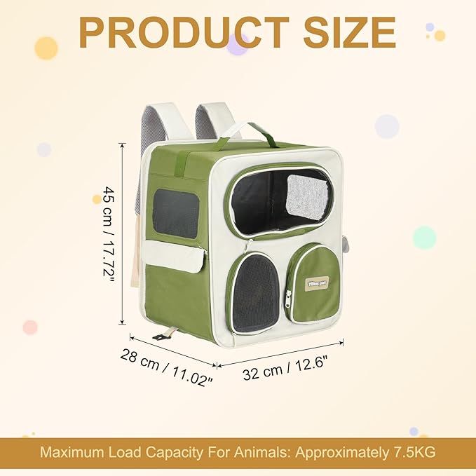 Pet Backpack Carrier, Portable and Ventilated, Nylon Dogs Cats and Small Animals Travel Bag 14.96", (Green, 1 Pcs), Intended for Hiking/Camping/Traveling