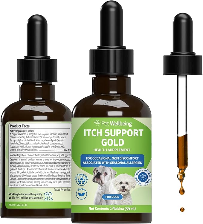 Pet Wellbeing Itch Support Gold for Dogs - Occasional Itching, Scratching, and Hot Spots, Environmental and Seasonal Allergies, Dong Quai - Veterinarian-Formulated Herbal Supplement 2 oz (59 ml)