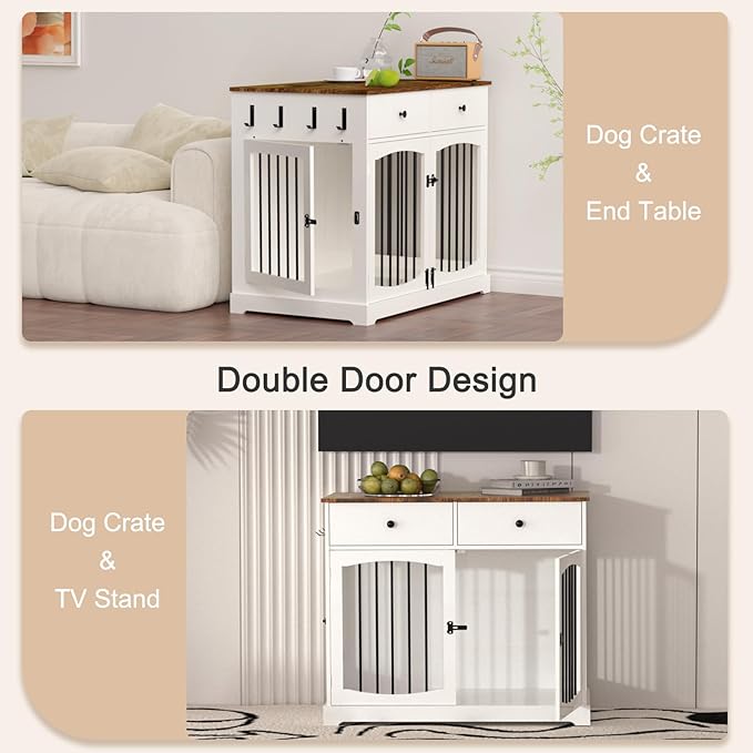 BREEZEHEAT 40 inch Dog Crate Furniture-Farmhouse Dog Kennel with Drawers-End Table Wooden Pet Crate, Double Door Design, Decorative Dog House Indoor for Small Medium Large Dog, White