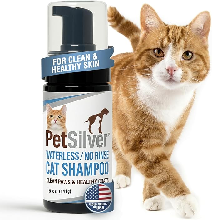 PetSilver Waterless Cat Shampoo - No Rinse Bath & Dry Shampoo for Cats - Long-Haired & Sensitive Skin - Cleans, Conditions & Moisturizes - Hypoallergenic & Fragrance-Free - Patented Formula - 5 fl oz