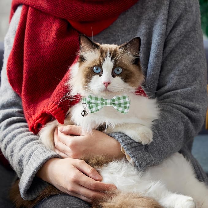 2 Pcs Bowtie Cat Collar with Bell Breakaway Cat Collars Cute Boy Kitten Collar Adjustable Small Puppy Safety Collar Solid Color Plaid Pet Collar (Green)