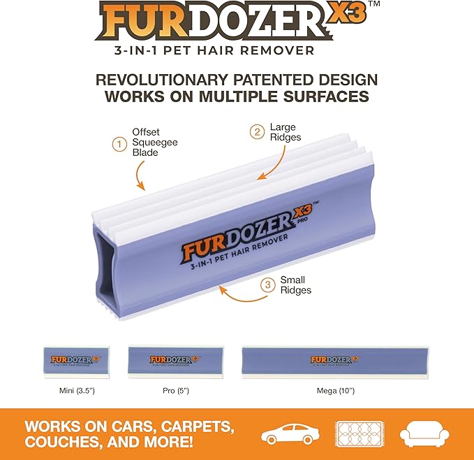 FurDozer X6 & X3 Bundle - Pet Hair Removal Tool & Car Detailing Dog Hair Remover for Carpet, Car, Couch, Bedding, & Furniture - Reusable Pet Fur Remover & Carpet Scraper for Animal Fur & Lint, Purple