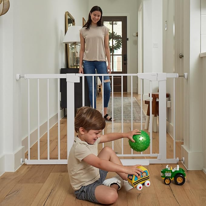 Cumbor 2 Pack 29.7-46" Baby Gate for Stairs, Mom's Choice Awards Winner-Auto Close Dog Gate for doorways, Easy Install Pressure Mounted Pet Gates indoor, Easy Walk Thru Wide Safety Gate for Dog, White