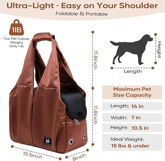 Dog Purse Carrier for Small Dogs, Cats, and Puppies – Soft-Sided Travel Pet Tote Bag with 4 Large Pockets, Foldable, Lightweight, Fits Pets up to 15 lbs, for Travel, Outings (Brown)