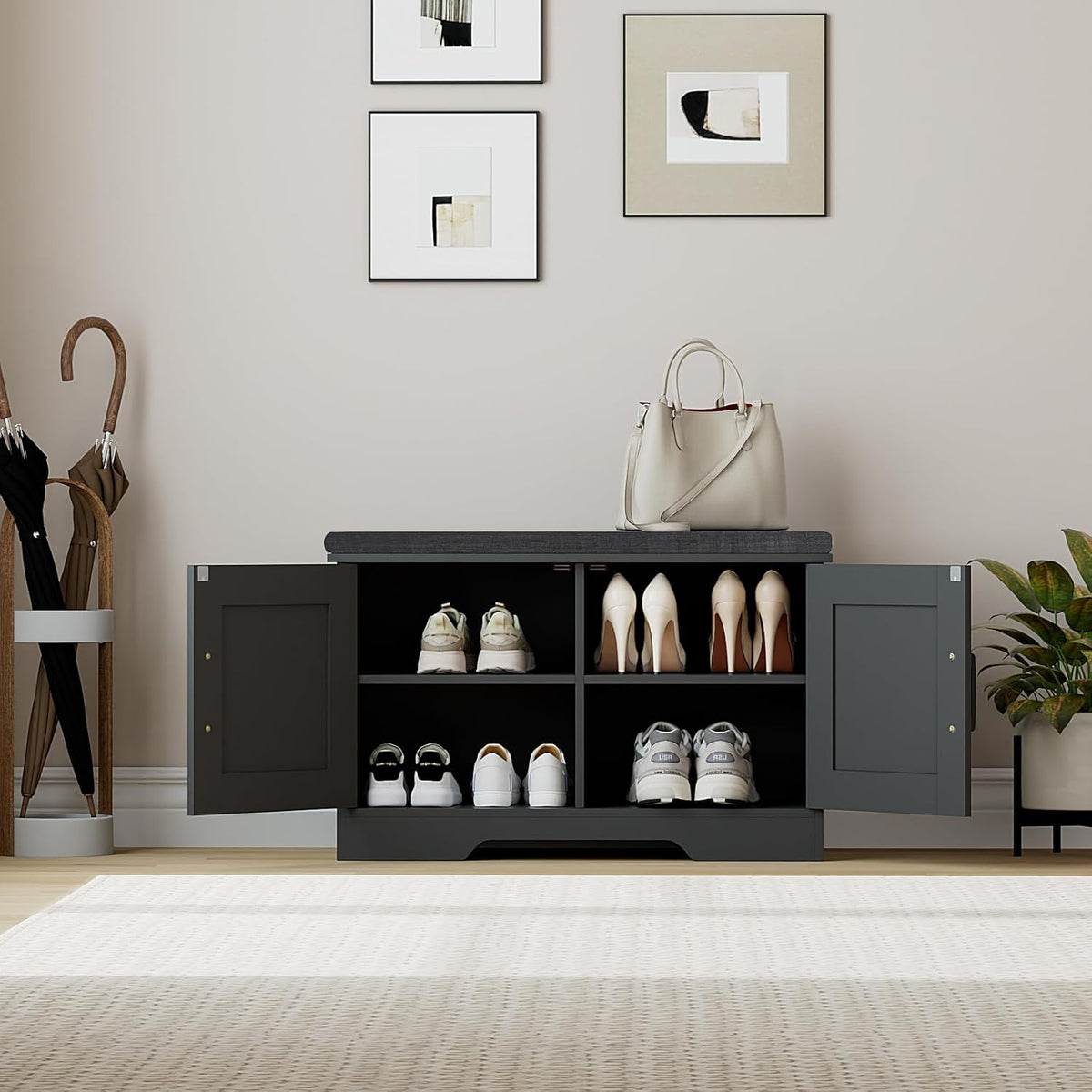 2-Tier Storage Bench, Shoe Bench with Padded Seat Cushion, Entryway Bench with 2 Barn Doors, Adjustable Shelf, 13.8" D x 27.6" W x 17.7" H, for Entryway, Living Room, Bedroom, Black