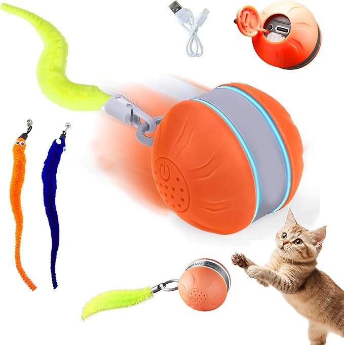 Interactive Cat Toys for Indoor Cats with 3 Mouse Tails,Electric Cat Ball Toy with Bird Chirping Sounds,Automatic Spinning Moving,300mAh Long Endurance Type-C Rechargeable,Pet Cat Supplies(Orange)