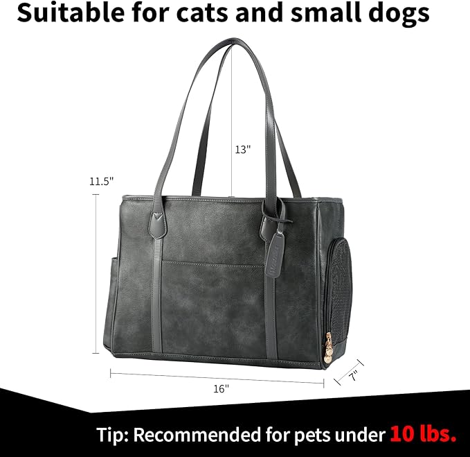 Stylish Dog Purse Carrier, Leather Pet Carrier Bag for Small Dogs Cats Puppy, Airline Approved Soft-Sided Carrier Grey