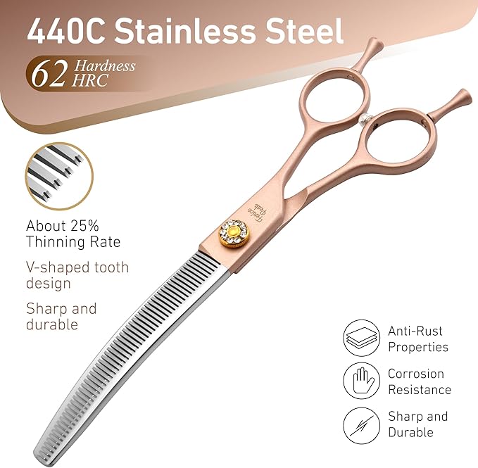 Fenice Peak Professional Curved Thinner Dog Grooming Scissors 7.0'' Rose Gold Thinning Shears Extremely Sharp Blades 440C Stainless Steel Thinning Shears Durable Smooth Fine Cut for Dogs and Cats.