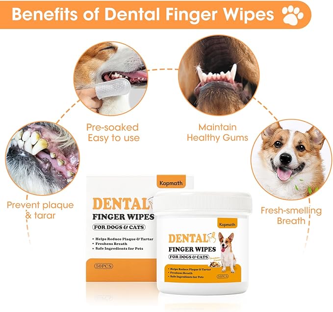 Teeth Cleaning Finger Wipes, Dog Dental Wipes, Reduce Plaque & Tartar, Freshen Breath, Safe & Natural Pet Dental Wipes for Dogs Teeth, Portable Dog Tooth Wipes for Cats,50 Ct, Chicken Scent