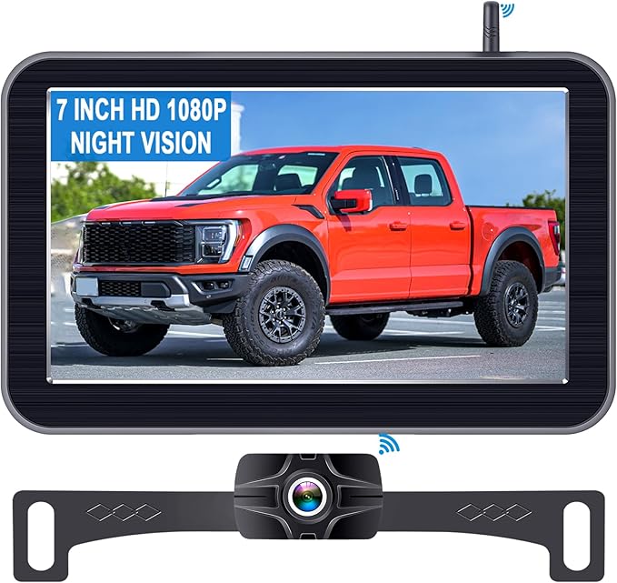 7-Inch Wireless Backup Camera for Truck - 2 Channel, DIY Grid Lines, HD 1080P, Night Vision, IP69K Waterproof, Backup Camera for Truck, Pickup, Trailer, Cars - Parking Safety & Towing Assistance