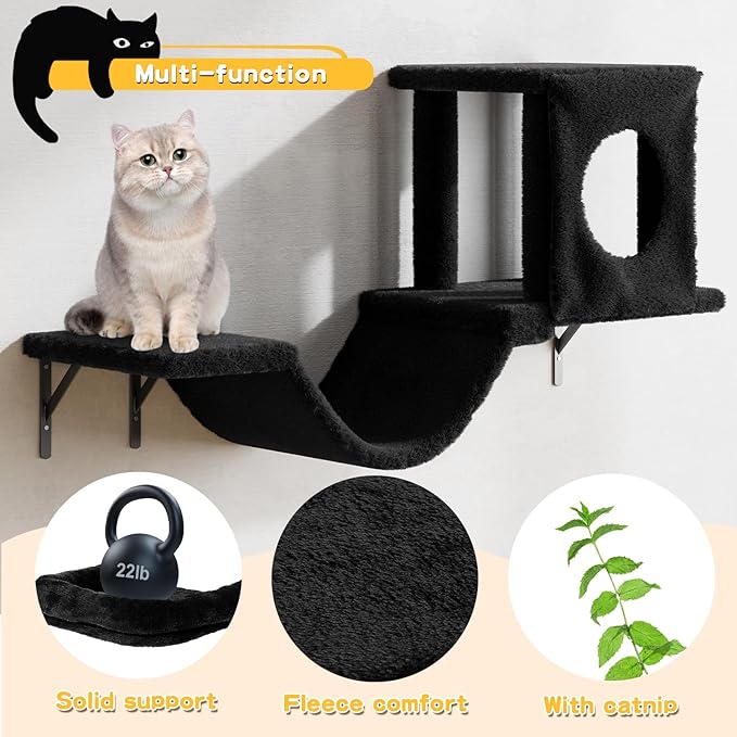 NUNU LAB Wall Mounted Cat Climber Set, 6 Pcs Cat Furniture Set with House, Bridge, Steps, Scratcher Board and Hammock, Shelves for Indoor, Luxury Walls Furniture(Black)