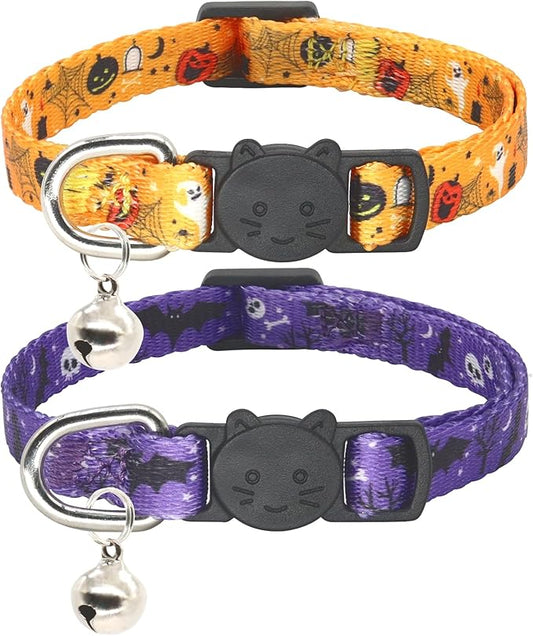 Halloween Cat Collar, 2 Pack, Breakaway Cute Cat Collar with Bells, Halloween Purple