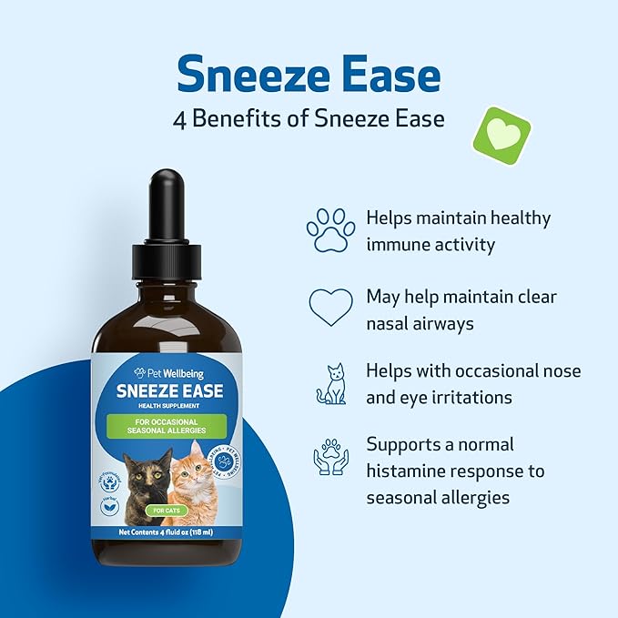 Pet Wellbeing Sneeze Ease for Cats - Occasional Sneezing, Seasonal Allergies, Nose and Eye Discomfort, Eyebright, Nettles - Veterinarian-Formulated Herbal Supplement 4 oz (118 ml)