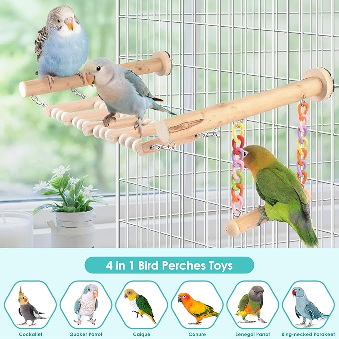 Bird Perches Ladder with Swing, Natural Wood Parrot Climbing Bridge Perch Toys, Exercise Play Stand Parakeet Cage Accessories for Budgie Cockatiel Green-Cheeked Conure Caique