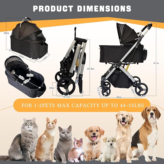 Pet Stroller for Small & Medium Dogs Cats up to 55 lbs 4-in-1 Foldable Travel Pet Stroller with Detachable Carrier Lightweight All-Terrain Spring Damping,Car Seat,Sun Canopy,Black
