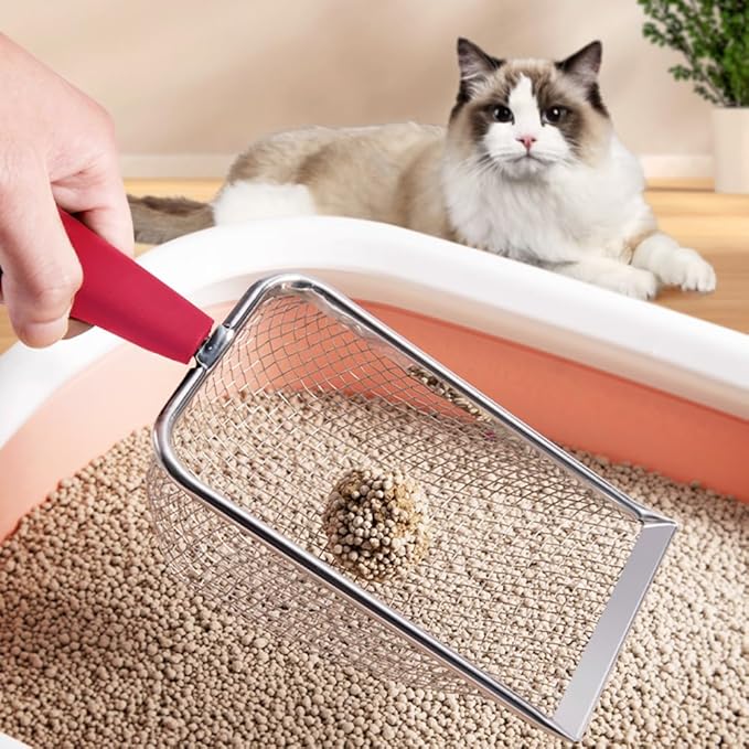 Cat Litter Scoop,Sturdy Litter Cleaner Corner Shovel,Stainless Steel Mesh Litter Shovel,Easy to Clean Reptile Terrarium Sand Waste,Beach Shovel(Red)