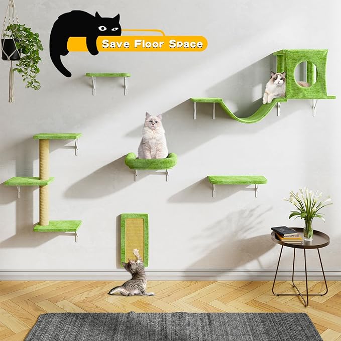 NUNU LAB Cat Wall Shelves, 6 Pcs Luxury Wall-Mounted Cat Climber Set, Indoor Cat Furniture with 1 Condos House, 2 Cat Wall Shelves, 1 Scratching, 1 Bridge Ladder, 1 Scratching Pad, Green