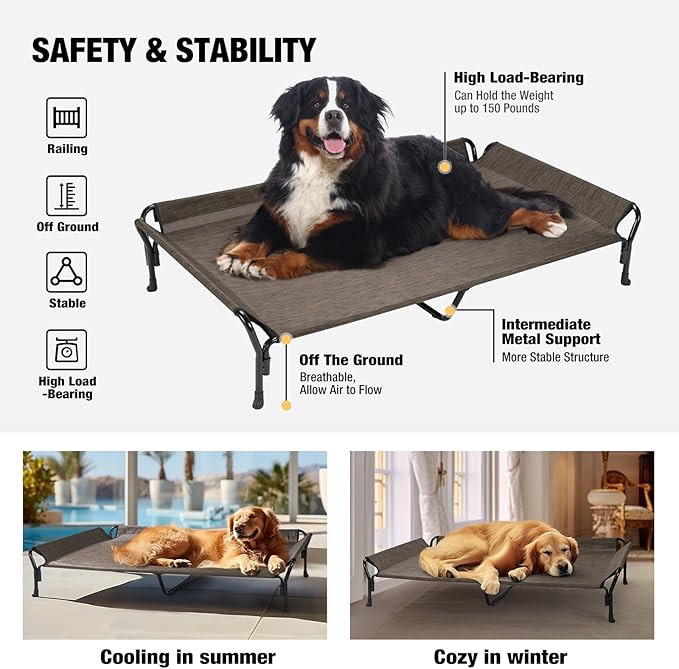 Veehoo Cooling Elevated Dog Bed, Guardrail Raised Pet Cot, Indoor & Outdoor XXL Pet Bed with Washable & Breathable Teslin Mesh, Non-Slip Feet, Dog Couch Bed, 62.5" x 37", Brown