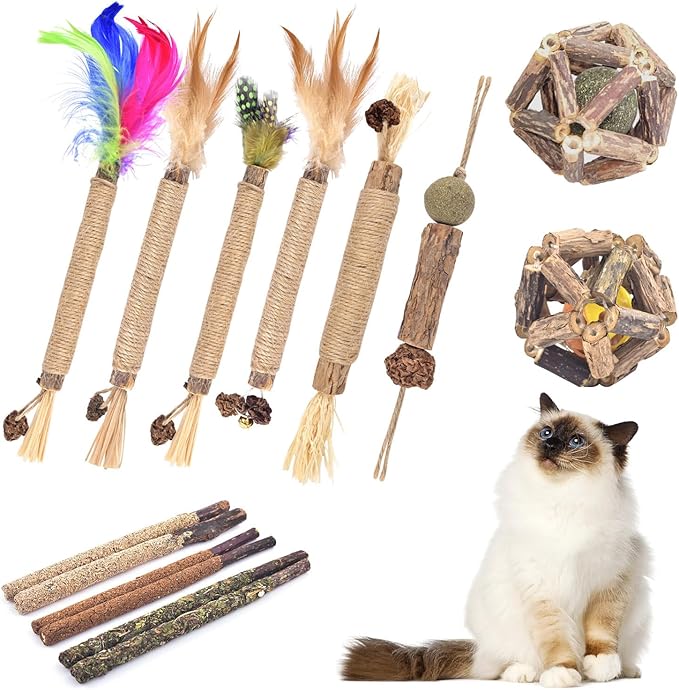 TINDTOP Cat Chew Toys, 12 Pack Silvervine Chew Sticks with 2 Pack Cage Balls for Kittens Teeth Cleaning, Matatabi Dental Care, Increase Appetite, Aggressive Chewers Cat Dental Toy