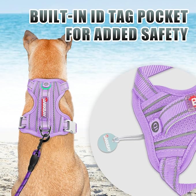 BARKBAY No Pull Dog Harness Large Reflective Dog Harness with Front Clip and Easy Control Handle for Walking Training Running with ID tag Pocket(Violet Purple,M)