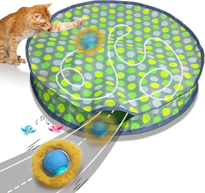 Interactive Cat Toys Ball Fast Rolling in Pouch, Motion Activate Chirping Cat Toy Hide and Seek Mouse Catching Game (Halloween Party)
