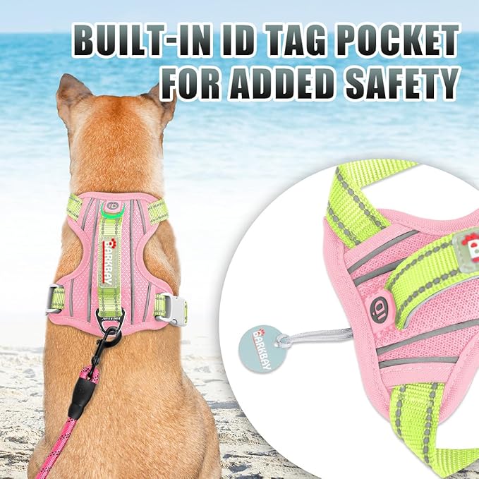 BARKBAY No Pull Dog Harness Large Reflective Dog Harness with Front Clip and Easy Control Handle for Walking Training Running with ID tag Pocket(Baby Pink & Sunlight,XL)