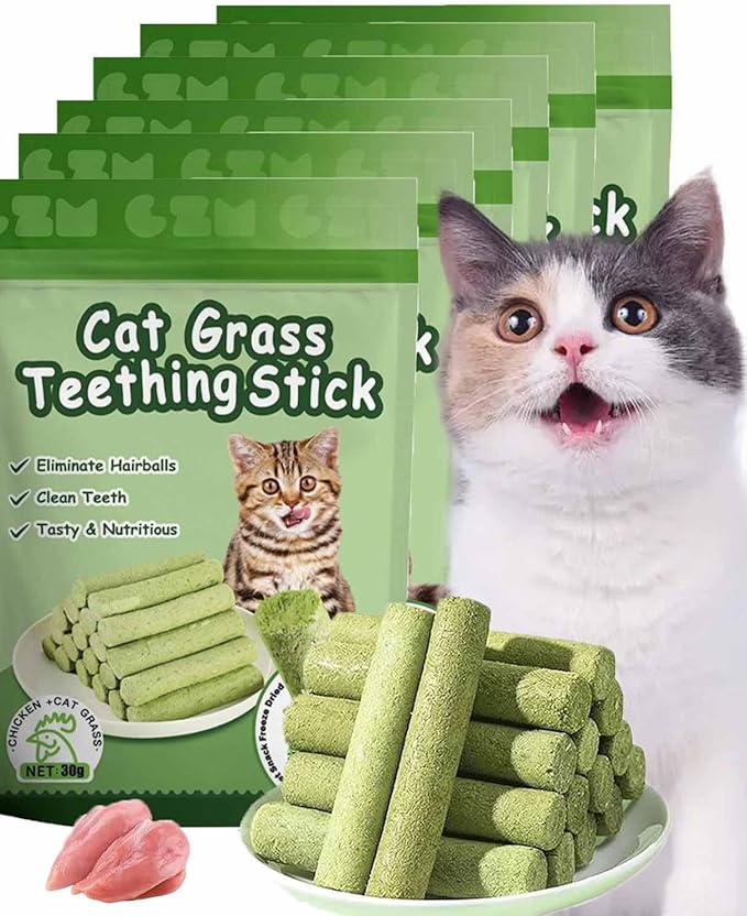 Primeco Cat Grass Teething Stick, Natural Grass Molar Rod Made of Chicken & Cat Grass, 6 PCS Per Bag for Cat Indoor Teeth Cleaning, Hairball Removal, Dental Care, Increase Appetite (6 pcs)