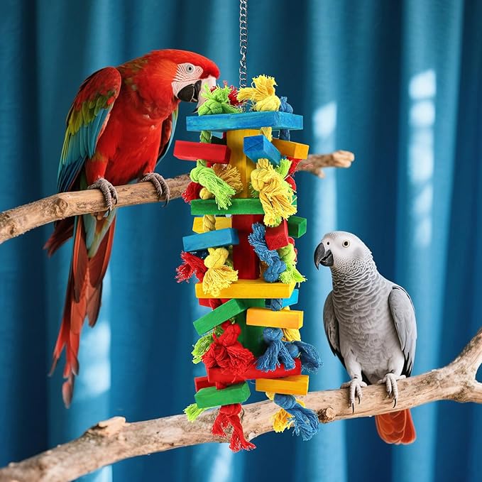 Bird Toys for Large Parrots - Macaw, African Grey, Cockatoo, Beak Exercise Chewing Toy with Colorful Wood Blocks & Ropes, Boredom Relief