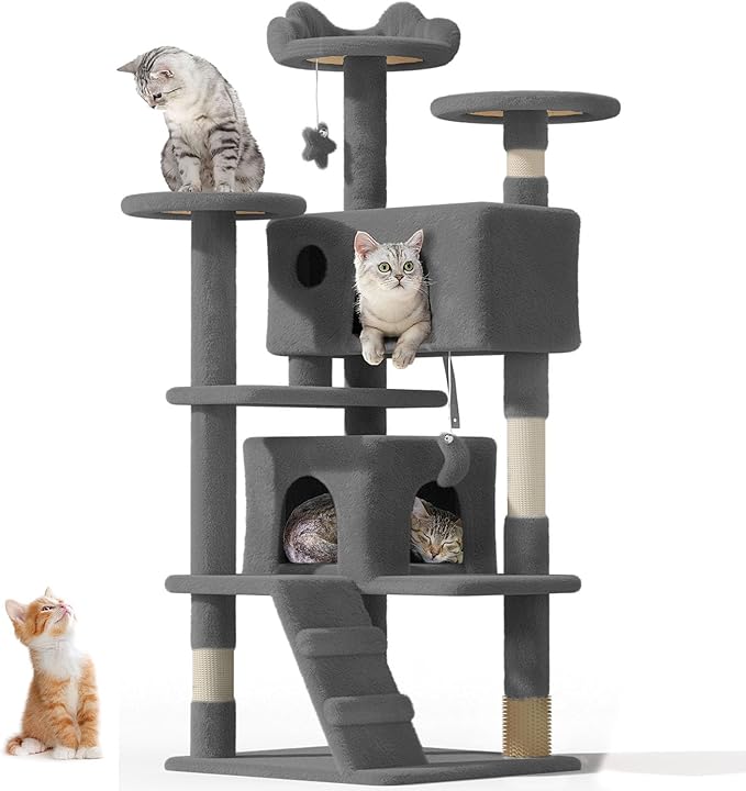 54" Cat Tree Tower for Indoor Cats Large Adult,Cute/Tall Modern Cat Tree for Big Cats 20 lbs, Plush Multi-Level Cat Condo with Scratching Posts,Hammock, Dangling Ball (Smoky Gray, 54 inch)