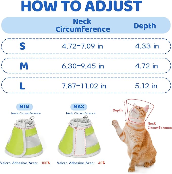 Breathable Air Mesh Cat Cone Collar Soft to Stop Licking, Adjustable, Foldable Lightweight Kitten Cones After Surgery Recovery for Cats & Kittens (Yellow Green,M)