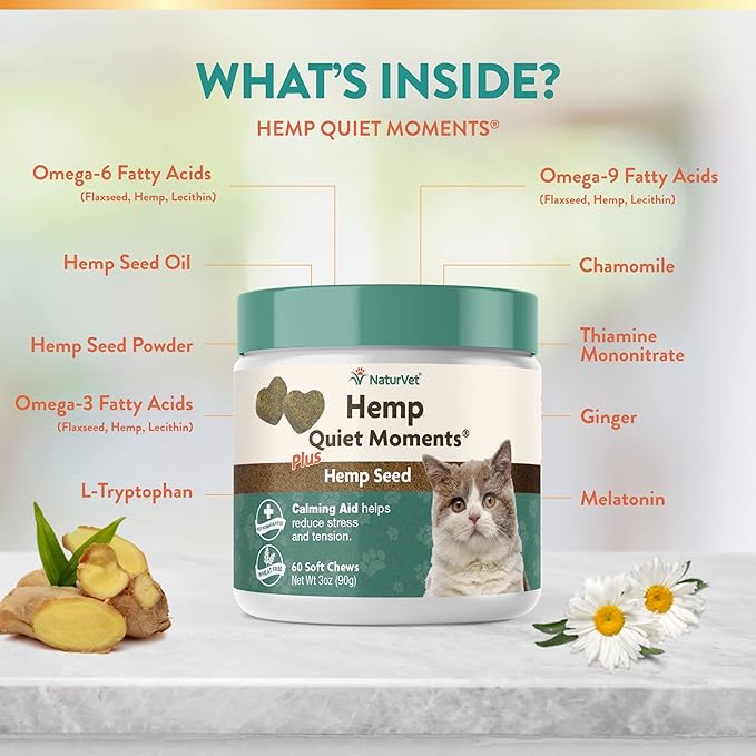 NaturVet Hemp Quiet Moments Plus Hemp Seed for Cats, 60 ct Soft Chews, Made in USANaturVet Quiet Moments Herbal Calming Spray, 8 Ounce- Feline