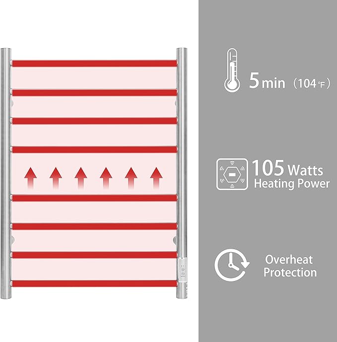 KEG Towel Warmer Wall Mounted with Built-in Timer 8 Bars Electric Stainless Steel Heated Towel Racks for Bathroom, Hot Plug-in Bath Towel Heater Brushed Nickel (TW-8-BN)