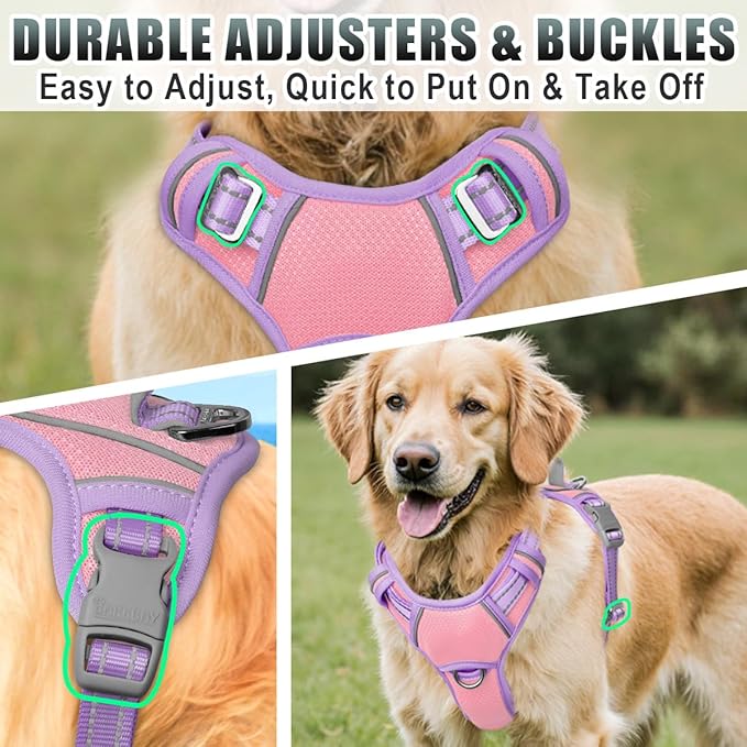 BARKBAY No Pull Dog Harness Large Reflective Dog Harness with Front Clip and Easy Control Handle for Walking Training Running with ID tag Pocket(Baby Pink & Violet Purple,M)