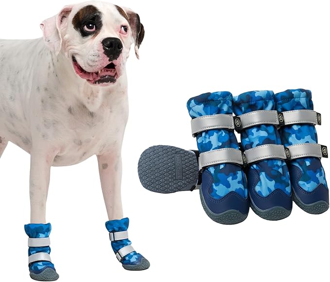 Spark Paws Dog Shoes, Waterproof Dog Boots for Medium to Large Dogs, Non Slip, Breathable Dog Booties and Paw Protectors - 4PCS Doggie Hiking Boots with Reflective Straps, Blue Camo, Size 5