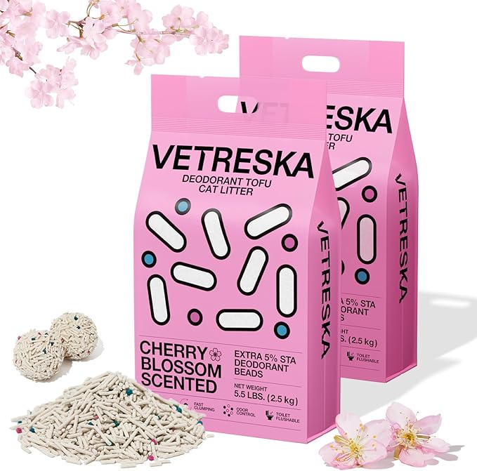 VETRESKA Cherry Blossom Tofu Cat Litter,Natural Kitty Litter Strong Clumping Flushable Cat Litter Pellets Ultra Absorbent,Dust-Free,Low Tracking,Deodorant Tofu Litter Compostable(5.5lb×2bags)