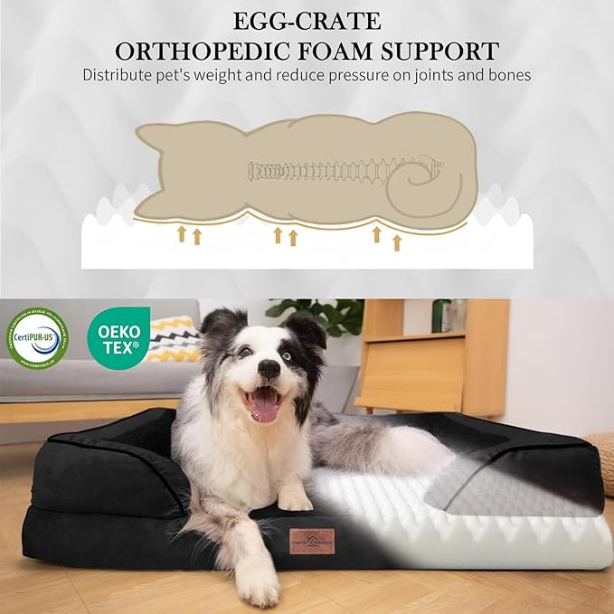 Comfort Expression Orthopedic Dog Bed for Medium Dogs 28x19 Inch, Waterproof Supportive Egg Crate Foam Medium Pet Bed with Removable Bolsters, Dog Couch with Washable Cover & Non-Slip Bottom, Black