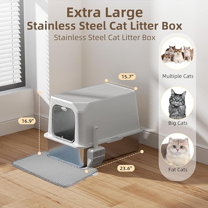 Stainless Steel Cat Litter Box with Lid, Extra Large, Great for Large & Small Cats, Easy to Clean, Anti-Leakage, Non-Sticky, Multifunctional 2 in-1 Metal Cat Litter Box - Light Gray
