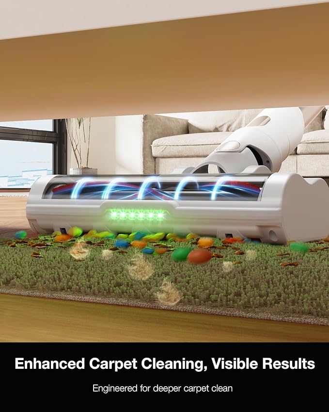 Cordless Stick Vacuum Cleaner for Home, Lightweight Rechargeable Vacuum with 55min Runtime, Powerful Suction, Green LED Headlight, 9-in-1 Pet Hair Carpet & Hardwood Floor Cleaner