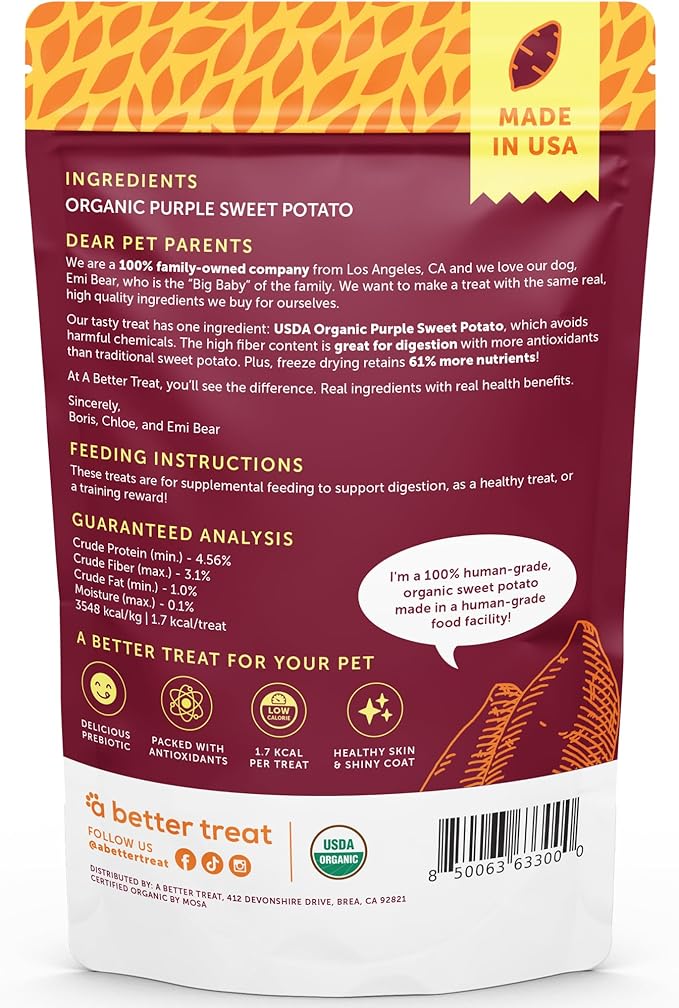 A Better Treat – Freeze Dried Organic Purple Sweet Potato Dog and Cat Treats, Organic, Single Ingredient | Natural, Healthy, Diabetic Friendly | Made in The USA