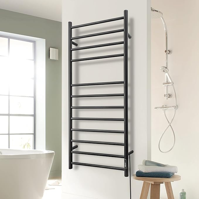 KEG Towel Warmer Wall Mounted with Built-in Timer 12 Bars Electric Stainless Steel Heated Towel Racks for Bathroom, Hot Plug-in Bath Towel Heater Matte Black