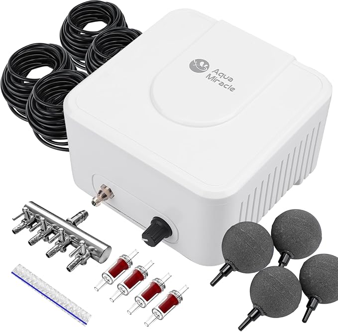 AquaMiracle All-in-One Koi Pond Aerator for Outdoor Ponds up to 3000 Gallons, Pond Air Pump Pond Aeration System with 4-Outlet Manifold Airline Tubing Air Stones Check Valves