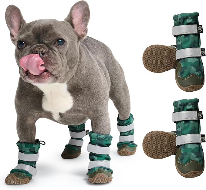 Spark Paws Dog Shoes, Waterproof Dog Boots for Medium to Large Dogs, Non Slip, Breathable Dog Booties and Paw Protectors - 4PCS Doggie Hiking Boots with Reflective Straps, Green Camo, Size 1