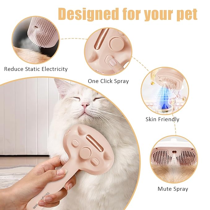 Cat Steam Brush for Shedding, Pet Steam Brush for Dog with Release Button,Anti-Static Pet Spray Hair Removal Comb,Cat Spray Comb for Long & Short Haired Pets,Pink