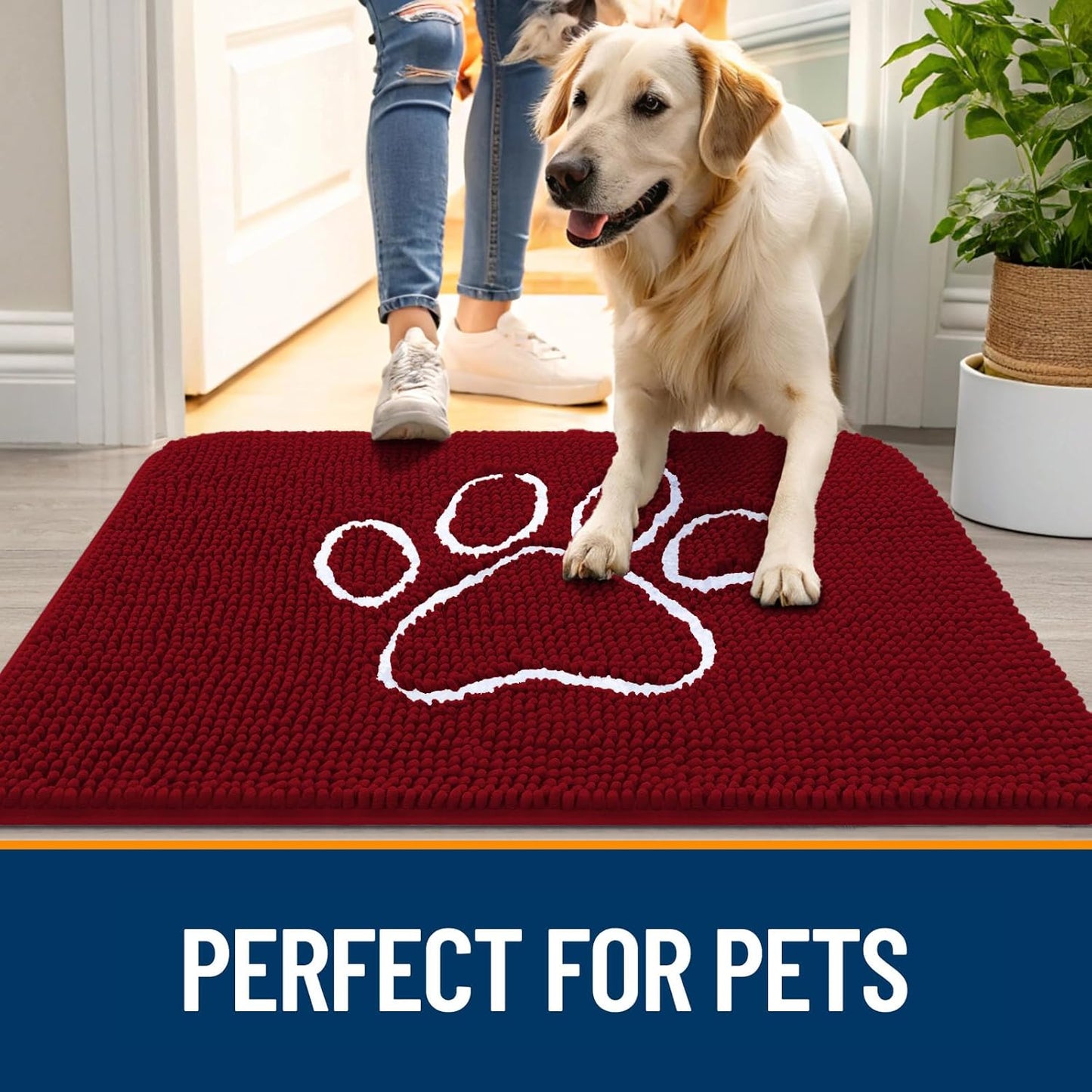OLANLY Door Mat for Muddy Dog Paws 48x30, Ultra Absorbent Chenille Mud Doormat with Paw Print Design, Non-Slip Washable Doormat for Indoor Entryway, Quick-Dry Pet Bed Mats for Dirty Dogs, Red