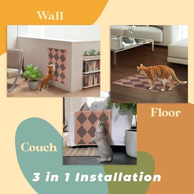 SCRATCHABLE Sisal Cat Scratcher, [+ Catnip Fish Toy], Cat Wall Scratcher, Couch Protector from Cat Scratching, 24 X 15.8 with 12 Adhesive Velcro Stripes. (Brown Diamonds)