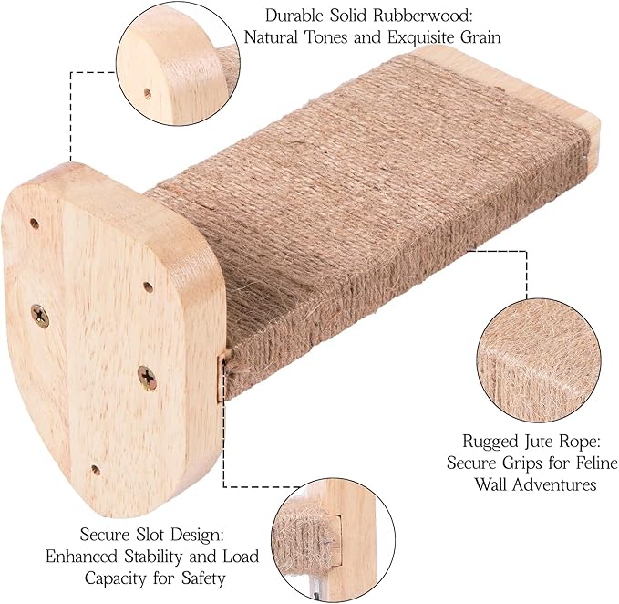 3pcs Cat Wall Steps, Climbing Mounted Furniture, Shelves With Hemp Rope Covered, Solid Wood Ladder for Playing and Climbing (Large-Wood)