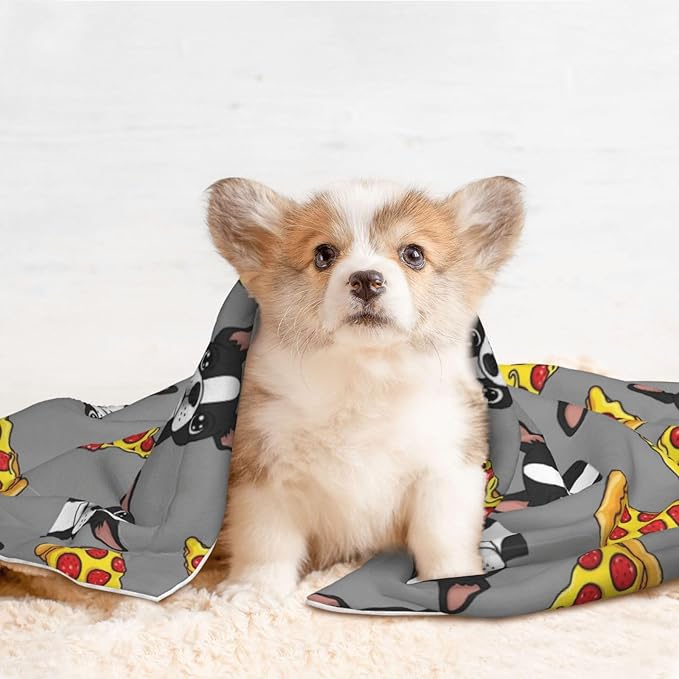 Double Sided Pet Mat for Dog Bed Topper Cat Blanket Furniture Protector, Grey Boston Terrier Dog Pizza, Reversible Plush with Tactile Dot Pattern for Style Change